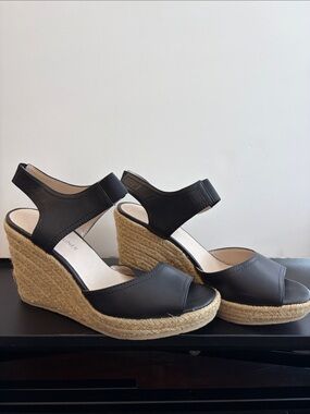 Donald J. Pliner Black Leather Espadrille Wedge Sandals